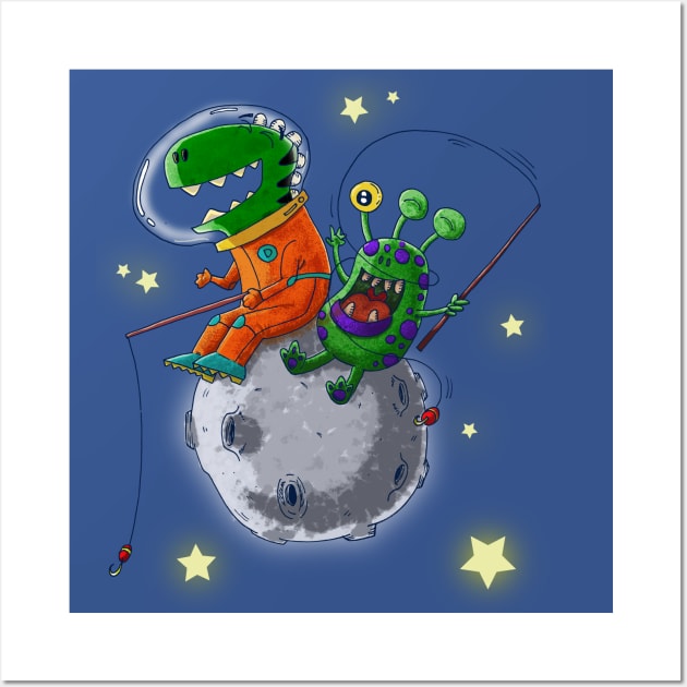 dino in the moon with a new friend Wall Art by HarlinDesign